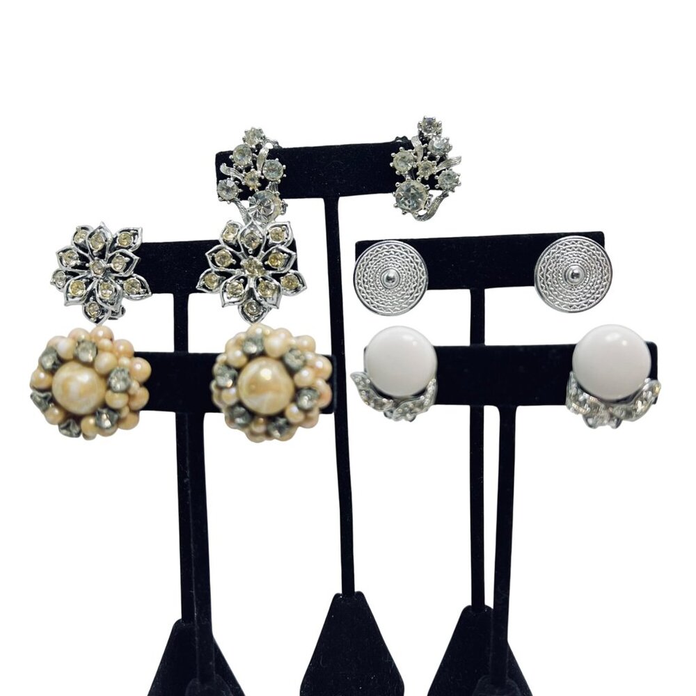 Lot Of 5 Silver Tone Clip On Earrings W/Rhinestones Faux & Pearls (5774)